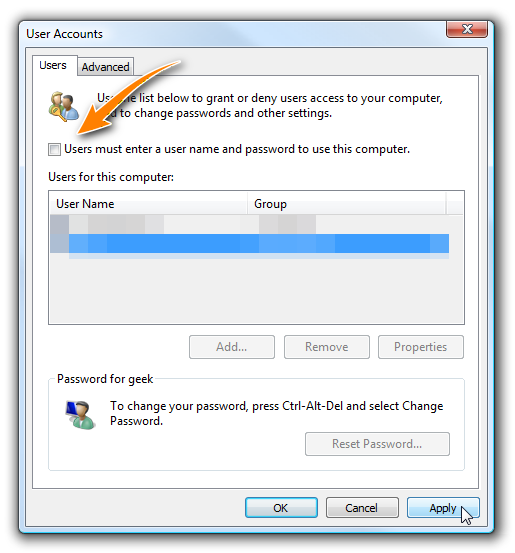 Uncheck the box to enable the user with autologon
