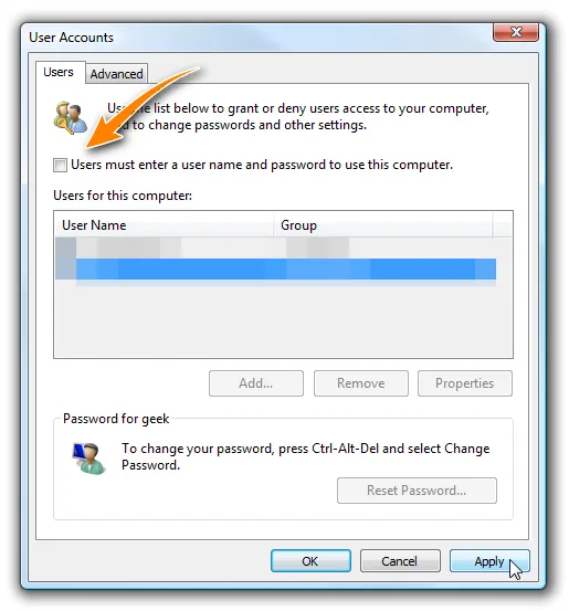Uncheck the box to enable the user with autologon